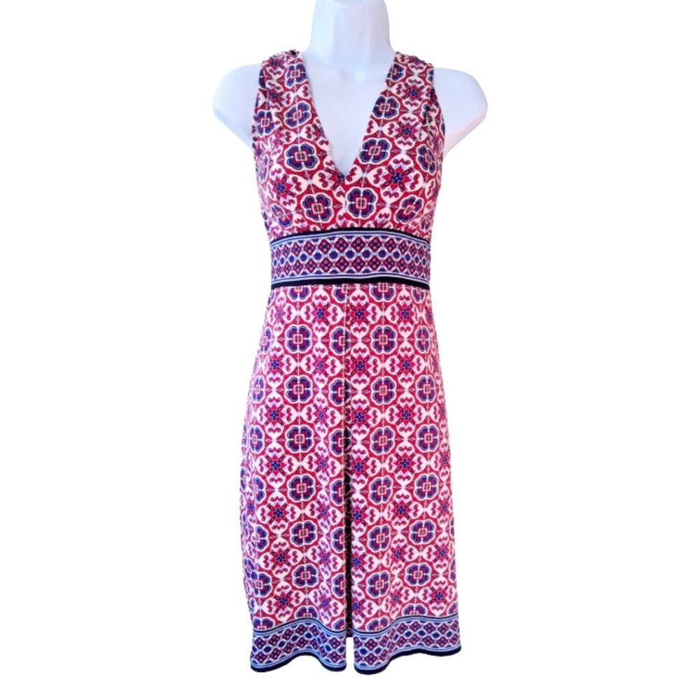 Max Studio NWOT Women’s V-Neck Navy and Red Greek Inspired Sleeveless Midi Dress